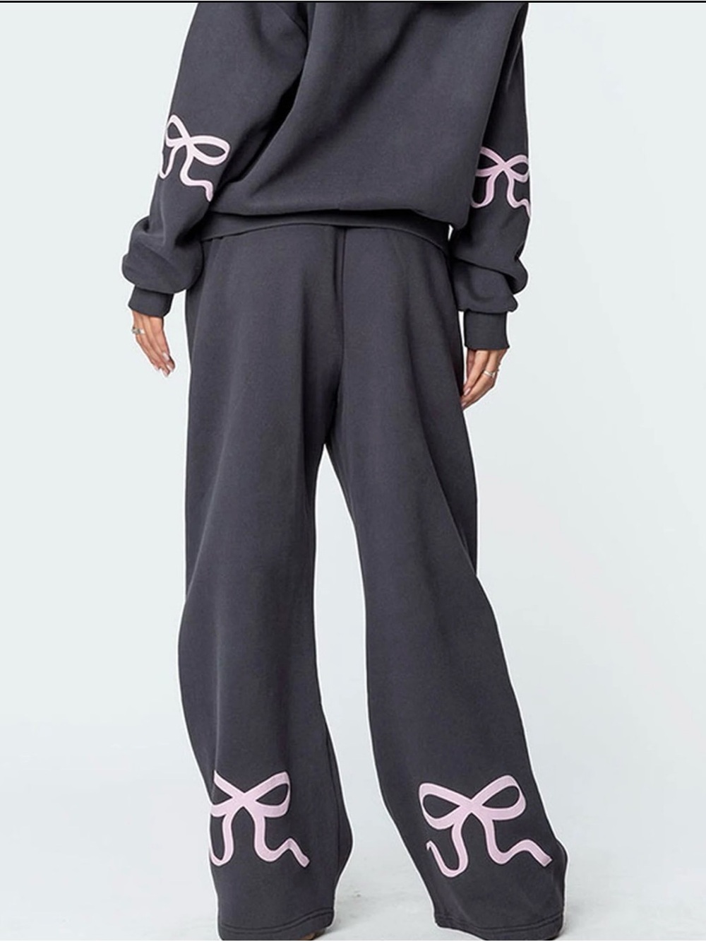 Edikted Charcoal Wide Leg Pants with Pink Bow Graphics